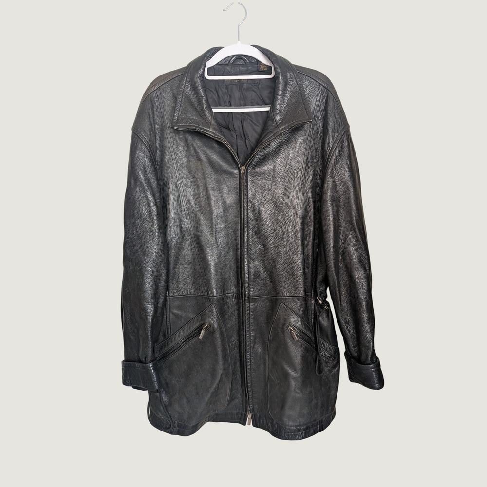Donna Karan New York 90s Vintage Mid Length Black Leather Zip Jacket Women Large